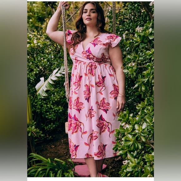 ELOQUII Elements Women's Plus Size Surplice Midi Dress with Ruffle Sleeves Sz 16 - Picture 3 of 10